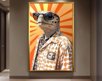 Anthropomorphic Turtle Wall Art Print, Retro Cool Turtle in Sunglasses and Polka Dot Shirt, Fun Animal Portrait for Quirky Home Decor