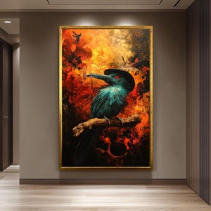 Mysterious Crow Art Print With Fire Background, Dark Fantasy Raven Wall Art, Gothic Bird Poster For Living Room Or Office Decor Crow Artwork