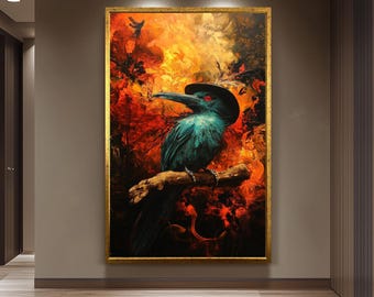 Mysterious Crow Art Print With Fire Background, Dark Fantasy Raven Wall Art, Gothic Bird Poster For Living Room Or Office Decor Crow Artwork