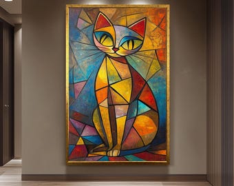 Cubist Cat Art Print, Picasso Style Abstract Animal Wall Decor, Colorful Modern Feline Poster, Unique Gift for Cat Lovers and Art Fans