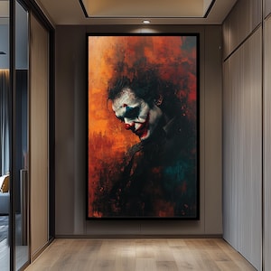 Sad Clown Canvas Wall Art  Emotional Abstract Painting with Fiery Orange Background, Gothic Home Decor or Unique Pop Culture Gift Clown Art