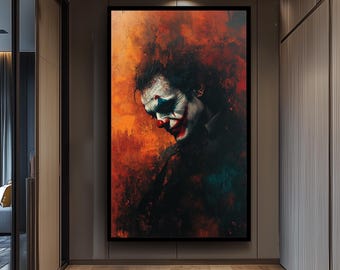 Sad Clown Canvas Wall Art  Emotional Abstract Painting with Fiery Orange Background, Gothic Home Decor or Unique Pop Culture Gift Clown Art