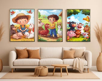 Farm Animals Wall Art Set of 3 Prints Cute Cartoon Baby Farmyard Kids Room Nursery Decor with Boys Animals and Colorful Backgrounds