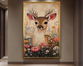 Vintage Baby Deer Wall Art Floral Forest Animal Painting Whimsical Woodland Fawn Canvas Print for Nursery Kids Room or Nature Decor Deer Art
