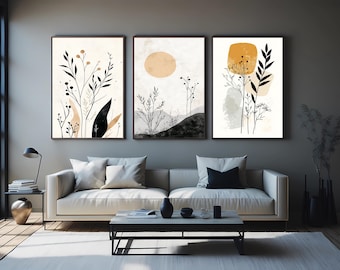 Neutral Botanical Wall Art Set of 3 Featuring Minimalist Line Drawings and Earthy Shapes for Modern Scandinavian Home Decor Floral Artwork