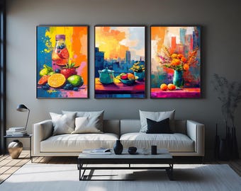 3 Piece Colorful Kitchen Wall Art – Modern Still Life with Fruit Bowl, Floral Vase, and Refreshing Drink Canvas Prints Floral Wall Decor