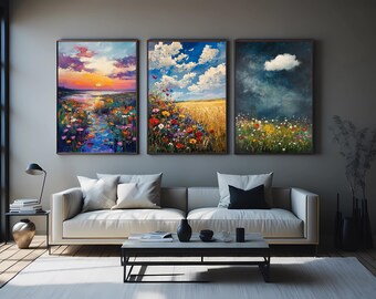 Colorful Wildflower Meadow and Landscape Wall Art Set of 3 –Impressionist Nature Oil Paintings for Rustic and Modern Decor Landscape Artwork