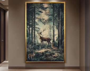 Enchanted Forest Deer Artwork, Mystical Wildlife Wall Art, Vintage Nature Scene Print, Majestic Stag and Fawns, Rustic Woodland Decor