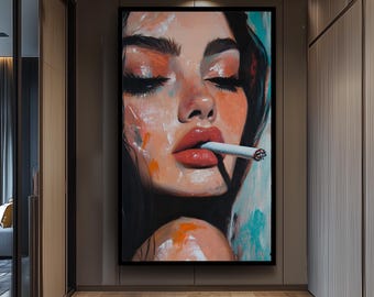 Modern Oil-Style Pop Art of Woman with Cigarette and Glossy Lips | Bold Feminine Portrait with Expressive Brushstrokes and Retro Edge