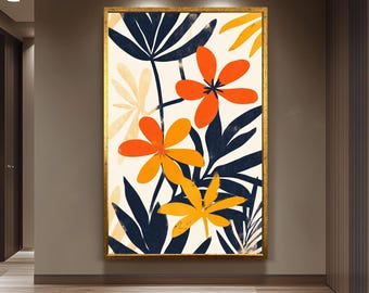 Modern Matisse Inspired Wall Art Print, Bold Abstract Floral Poster in Orange and Navy for Minimalist or Boho Contemporary Home Decor