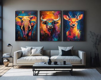 Colorful Animal Wall Art Set of 3 Featuring Bull Deer Elephant in Vibrant Abstract Style for Bold Modern Living Room Decor Animal Wall Art