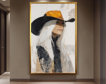 Western Woman Abstract Oil Painting | Cowgirl with Long White Hair in Orange and Black Hat | Rustic Textured Wall Art on Canvas Print