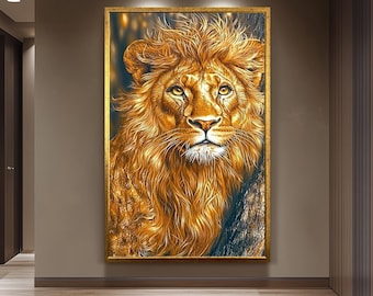 Golden Lion Portrait Painting, Majestic Wildlife Wall Art, Hand Painted Realistic Lion Canvas, Regal Animal Artwork, Bold Safari Home Decor
