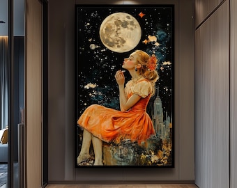 Vintage Surrealist Woman Wall Art with Full Moon, Orange Dress and Night Sky, Dreamy Cosmic Retro Canvas Print for Boho Home Decor
