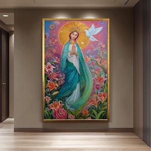 Crowned Virgin Mary with Dove in Flower Garden | Colorful Catholic Canvas Art of Our Lady | Spiritual Wall Decor for Prayer Spaces  Mary Art