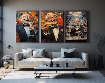 Gentleman Martini Wall Art Set Of 3 Prints With Elegant Bartender And Classic Cocktail Vibe For Stylish Bar Lounge Decor Surreal Man Artwork