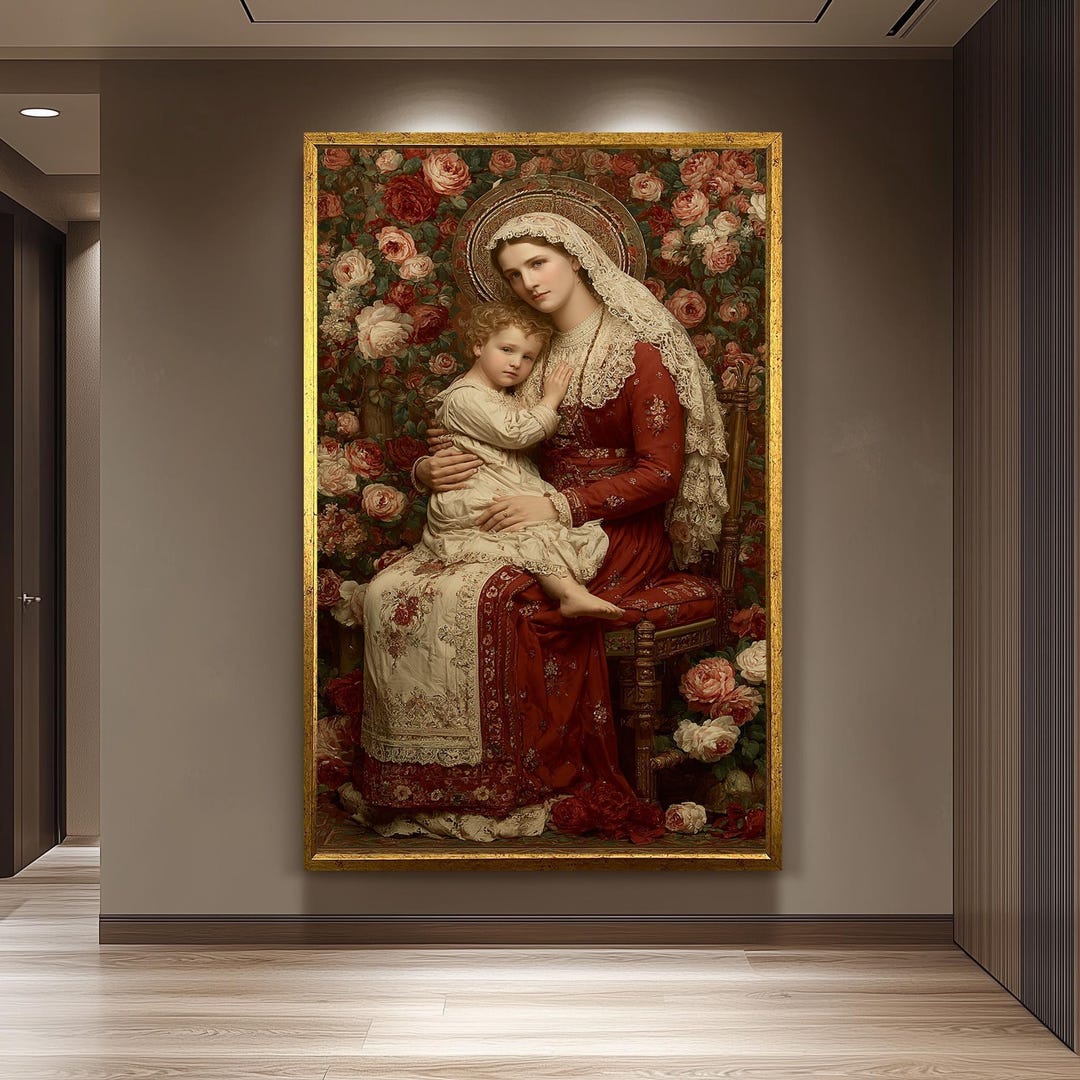 Vintage Madonna and Child Wall Art Catholic Canvas Print With Roses ...
