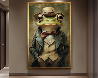 Vintage Style Frog Gentleman Wall Art, Whimsical Animal Portrait Print, Quirky Dressed Amphibian Decor for Eclectic or Cottagecore Homes
