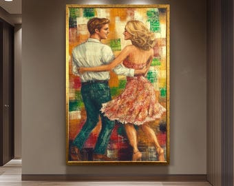 Romantic Dancing Couple Wall Art, Colorful Textured Painting, Love and Passion Artwork, Elegant Ballroom Dance Print, Rustic Home Decor