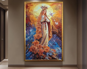 Virgin Mary Wall Art Blessed Mother Canvas Print with Roses and Doves Religious Catholic Artwork Spiritual Christian Home Decor Mother Mary