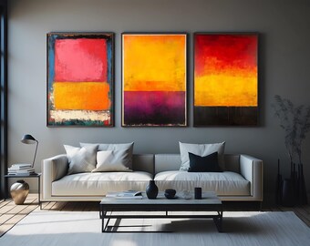 3 Piece Abstract Color Field Wall Art – Modern Minimalist Canvas Set with Bold Yellow, Red, Orange, and Purple Blocks Colorful Wall Decor