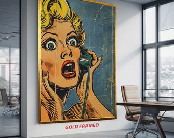 Retro Pop Art Canvas Print, Shocked Woman, Vintage Telephone