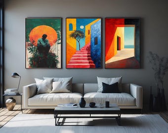 Abstract Landscape Canvas Print Set: Surreal Stairs, Doorway, Sun Silhouettes