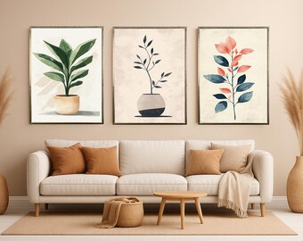 Minimalist Botanical Wall Art Set of 3 – Modern Plant and Leaf Illustrations in Neutral Tones for Scandinavian and Contemporary Decor