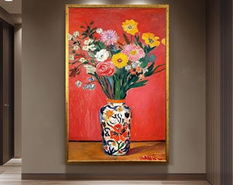 Henri Matisse Style Floral Wall Art Print, Bright Wildflowers in Patterned Vase, Colorful Still Life Painting for Bold Interior Design