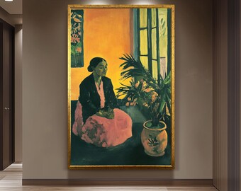 Vintage Interior Portrait Wall Art Print in Henri Matisse Inspired Style Featuring Woman with Pink Skirt and Lush Indoor Plants, Woman Print