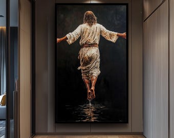 Jesus Walking on Water Dark Canvas – Powerful Christian Wall Art in Motion, Spiritual Home Decor or Faith-Based Inspirational Gift Print