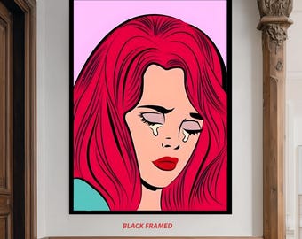 Sad Girl Pop Art Wall Print with Red Hair and Crying Eyes – Emotional Retro Comic Style Artwork for Modern Rooms or Teen Decor  Pop Wall Art