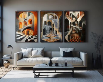 3 Piece Optical Illusion Staircase Wall Art – Surreal Architecture, Impossible Steps, and Geometric Perspective Canvas Prints Geometric Art