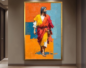 Modern Abstract Jesus Walking Painting in Bold Orange and Blue Color Blocks Christian Wall Art Print for Faith Decor or Prayer Space