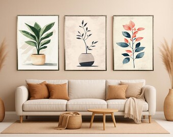Botanical Wall Art Set of 3 Minimalist Leaf Prints Modern Neutral Decor Nature Inspired Artwork for Stylish Japandi Contemporary Interiors