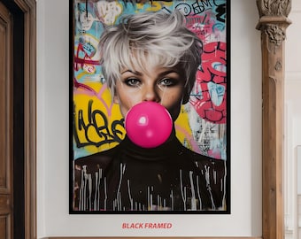 Modern Pop Art Canvas Wall Art Featuring Short Hair Woman with Pink Bubble and Graffiti Background Urban Contemporary Print Colorful Artwork