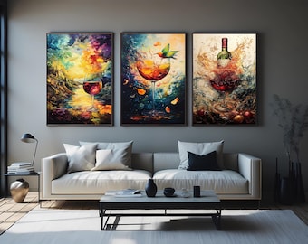 Wine Art Canvas Print Set: Hummingbird, Sunset, Abstract Wine Bottle