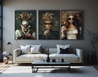 Royal Knowledge Wall Art Set of 3 – Crowned Figures with Books, Gold Chalices, and Sunglasses in Surreal Regal Style Paintings Queen Artwork