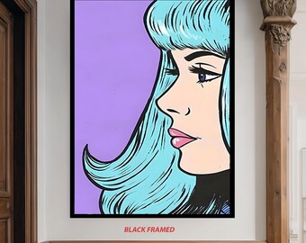 Pop Art Canvas of Blue Haired Woman in Profile with Purple Background Modern Retro Comic Style Wall Art for Stylish Room Decor Woman Canvas