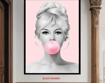 Retro Pop Art Girl Blowing Bubble Gum Poster in Black and White with Pastel Pink Background for Glam Wall or Makeup Room Decor PoP Wall Art