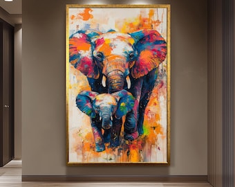 Colorful Elephant Family Pop Art Painting on Canvas, Vibrant Abstract Wildlife Wall Art for Modern Living Room or Nursery Decor Elephant Art