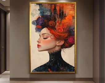 Surreal Wall Art of Elegant Woman with Fiery Red Hair and Dreamlike Abstract Cityscape Emerging from Mind in Bold Fantasy Colors Woman Print