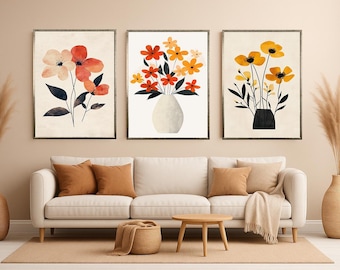 Minimalist Floral Canvas  Warm Earth Tone Wall Art Modern Botanical Decor Neutral Contemporary Artwork for Japandi Inspired Home Interiors