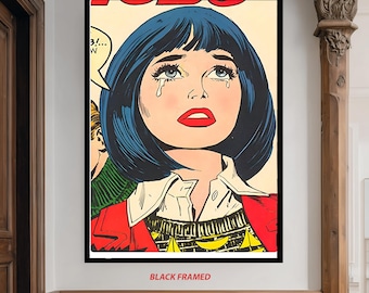 Crying Girl Retro Comic Pop Art Print in Vintage Style with Bold Red Lips and Blue Hair for Dramatic Emotional Wall Decor Pop Wall Art