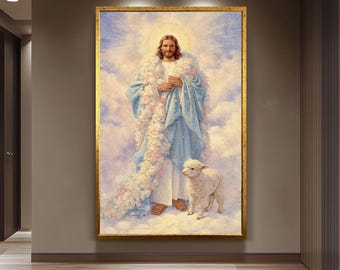 Jesus Christ Wall Art in Heavenly Pastel Style with Lamb and Floral Robe Christian Print for Nursery Prayer Room or Inspirational Decor