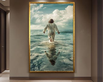 Jesus Walking on Water Artwork, Inspirational Christian Wall Art, Spiritual Ocean Print, Faith-Based Religious Painting, Divine Home Decor