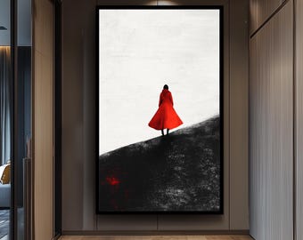 Minimalist Red Coat Woman Wall Art Silhouette Canvas Print, Black and White Abstract Painting with Bold Fashion Element for Modern Décor