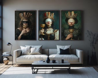 Blindfolded Book Queen Wall Art Set of 3 – Surreal Literary Woman with Crown and Goblet – Dark Academic Fantasy Canvas Decor Woman Artwork