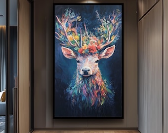 Colorful Floral Deer Wall Art Print, Surreal Animal Painting with Botanical Antlers, Whimsical Nature Decor for Boho or Woodland Spaces