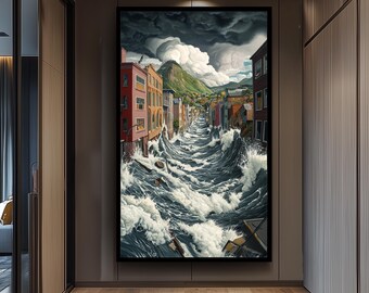 Surreal Natural Disaster Wall Art Urban Flood Wave Canvas Print, Dramatic Cityscape with Mountains and Storm Clouds for Bold Home Décor
